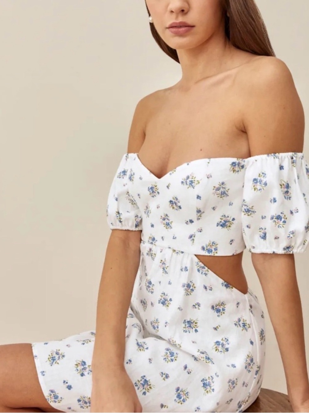 Reformation Emilia Linen Off-Shoulder Cut Out Mini Dress
